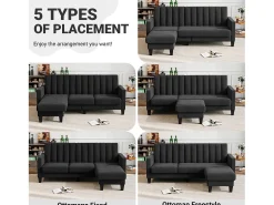 Sofá de canto reversível de 3/4 do lugar em tecido preto - meridiano ou pouf - listras verticais - 208x76x85cm