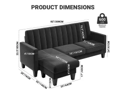 Sofá de canto reversível de 3/4 do lugar em tecido preto - meridiano ou pouf - listras verticais - 208x76x85cm