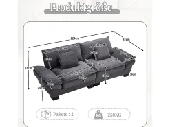 Sofá de casal moderno - 224 x 81 x 81 cm - com edredom - para quarto e escritório - veludo - cinza