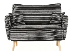 Sofá de dois lugares em tecido bouclé preto - Com bolsos laterais e duas almofadas.