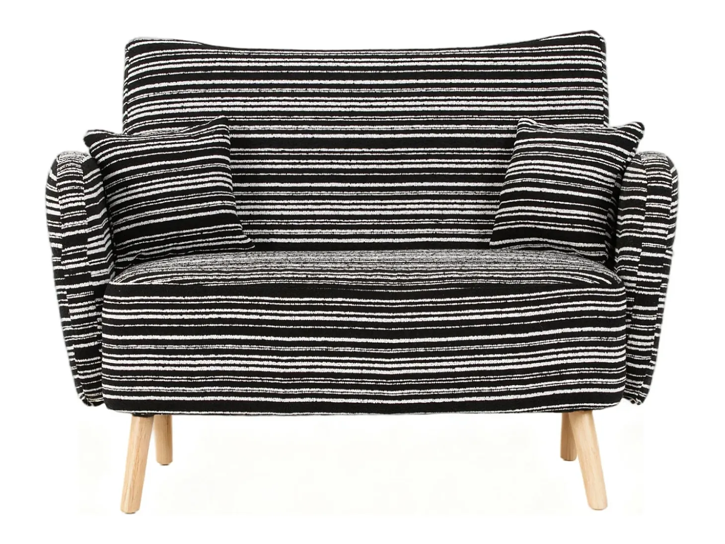 Sofá de dois lugares em tecido bouclé preto - Com bolsos laterais e duas almofadas.