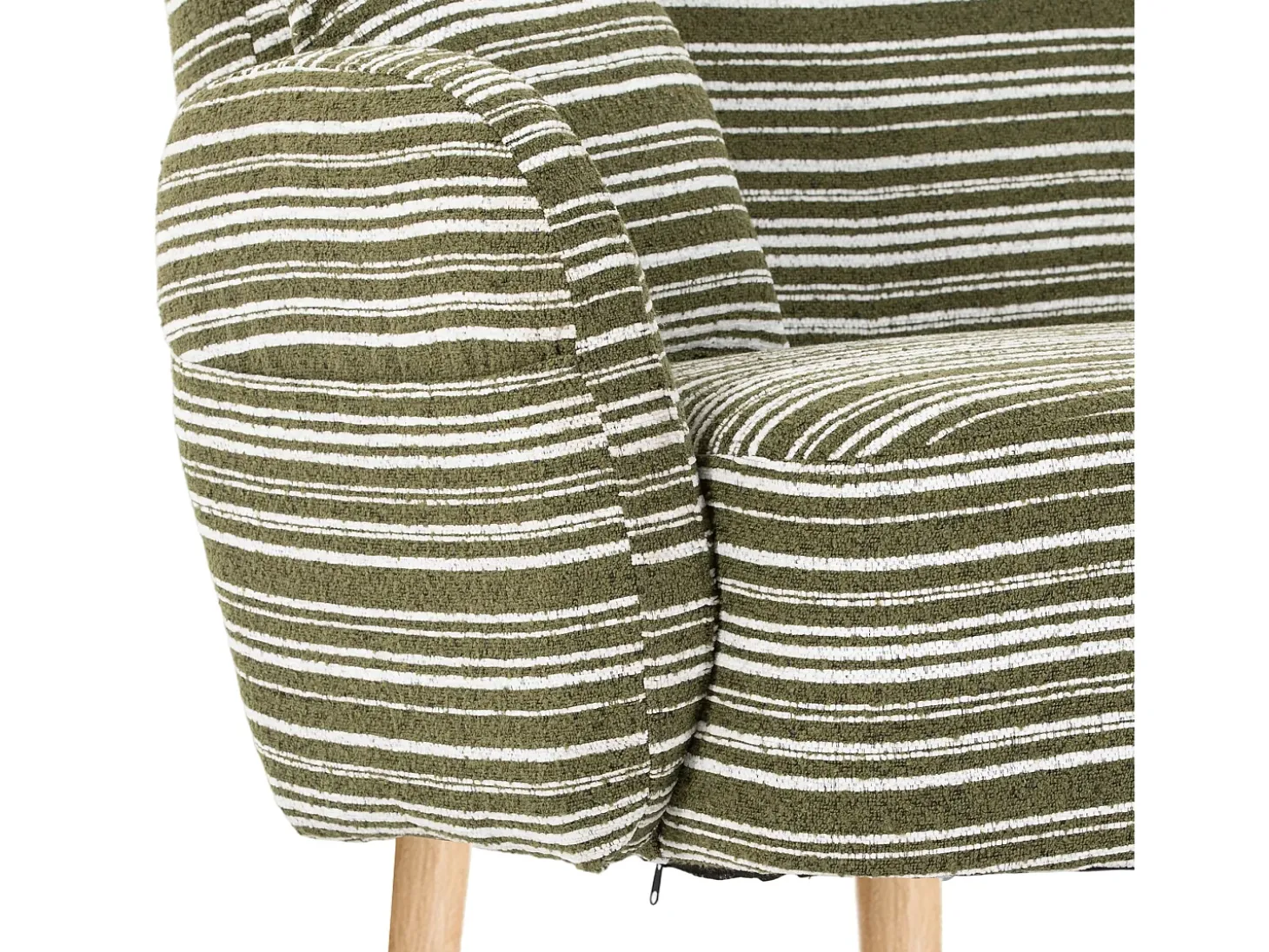 Sofá de dois lugares em tecido bouclé verde azeitona - Com bolsos laterais e duas almofadas.