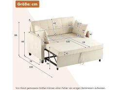 Sofá de dois lugares, sofá para sala de estar, sofá com função de cama, encosto ajustável, tecido chenille, bege