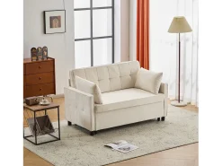Sofá de dois lugares, sofá para sala de estar, sofá com função de cama, encosto ajustável, tecido chenille, bege