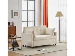 Sofá de dois lugares, sofá para sala de estar, sofá com função de cama, encosto ajustável, tecido chenille, bege