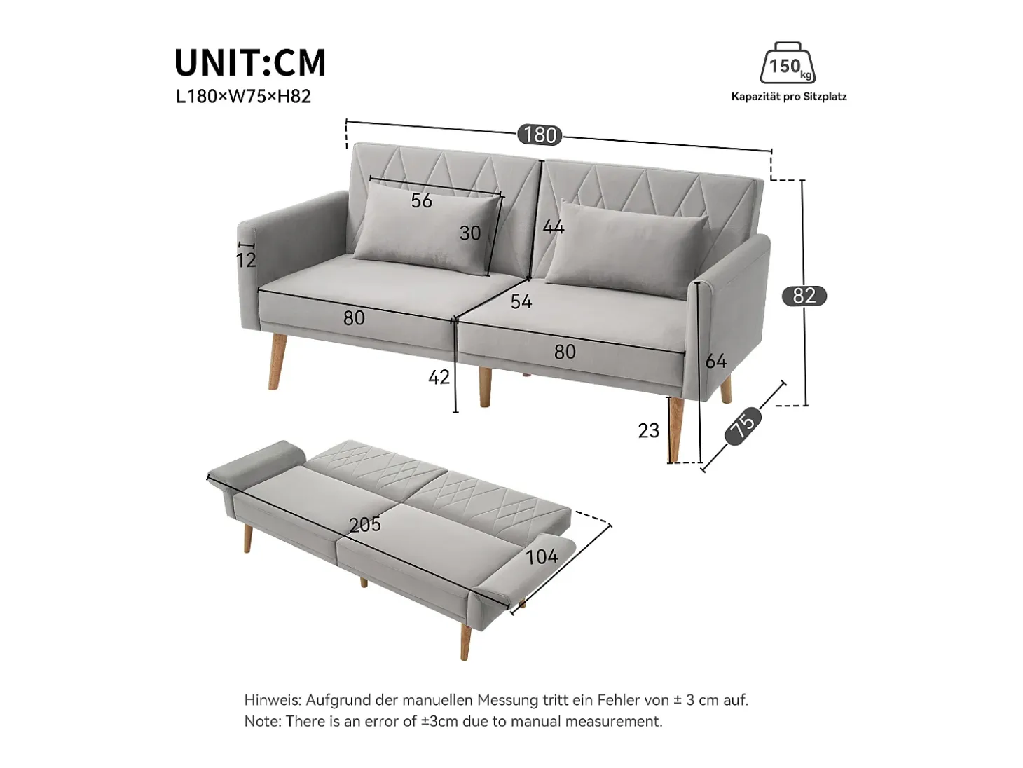 Sofá de dois lugares 180x75x82 cm - Encosto ajustável - Veludo - Cinza