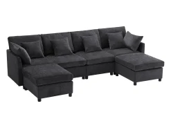 Sofá de quatro lugares em tecido chenille cinzento com 2 pufes e 6 almofadas.