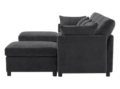 Sofá de quatro lugares em tecido chenille cinzento com 2 pufes e 6 almofadas.