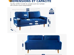 Sofá de veludo azul de 2 -Set, mini sofá de quarto com apoios de braços, pés de madeira cônica, sofá fixado um encosto de baixo