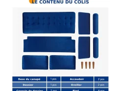 Sofá de veludo azul de 2 -Set, mini sofá de quarto com apoios de braços, pés de madeira cônica, sofá fixado um encosto de baixo