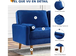 Sofá de veludo azul de 2 -Set, mini sofá de quarto com apoios de braços, pés de madeira cônica, sofá fixado um encosto de baixo
