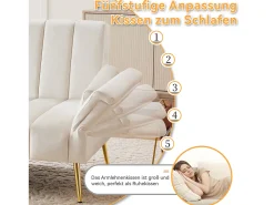 Sofá de veludo bege de 3 lugares - 3 em 1 - Encosto e braços ajustáveis - 184 x 79 x 71 cm