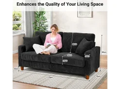 Sofá de Veludo Caneado 2 Lugares, com 2 Almofadas, assentos profundos de 56cm, 178x76x89cm, Preto