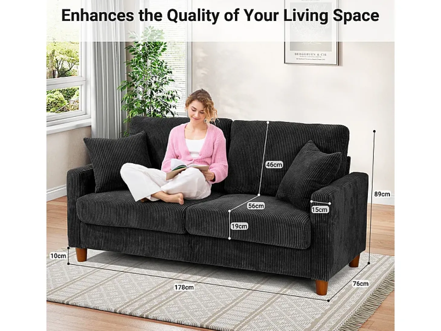 Sofá de Veludo Caneado 2 Lugares, com 2 Almofadas, assentos profundos de 56cm, 178x76x89cm, Preto