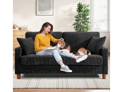Sofá de Veludo Caneado 2 Lugares, com 2 Almofadas, assentos profundos de 56cm, 178x76x89cm, Preto