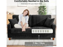 Sofá de Veludo Caneado 2 Lugares, com 2 Almofadas, assentos profundos de 56cm, 178x76x89cm, Preto