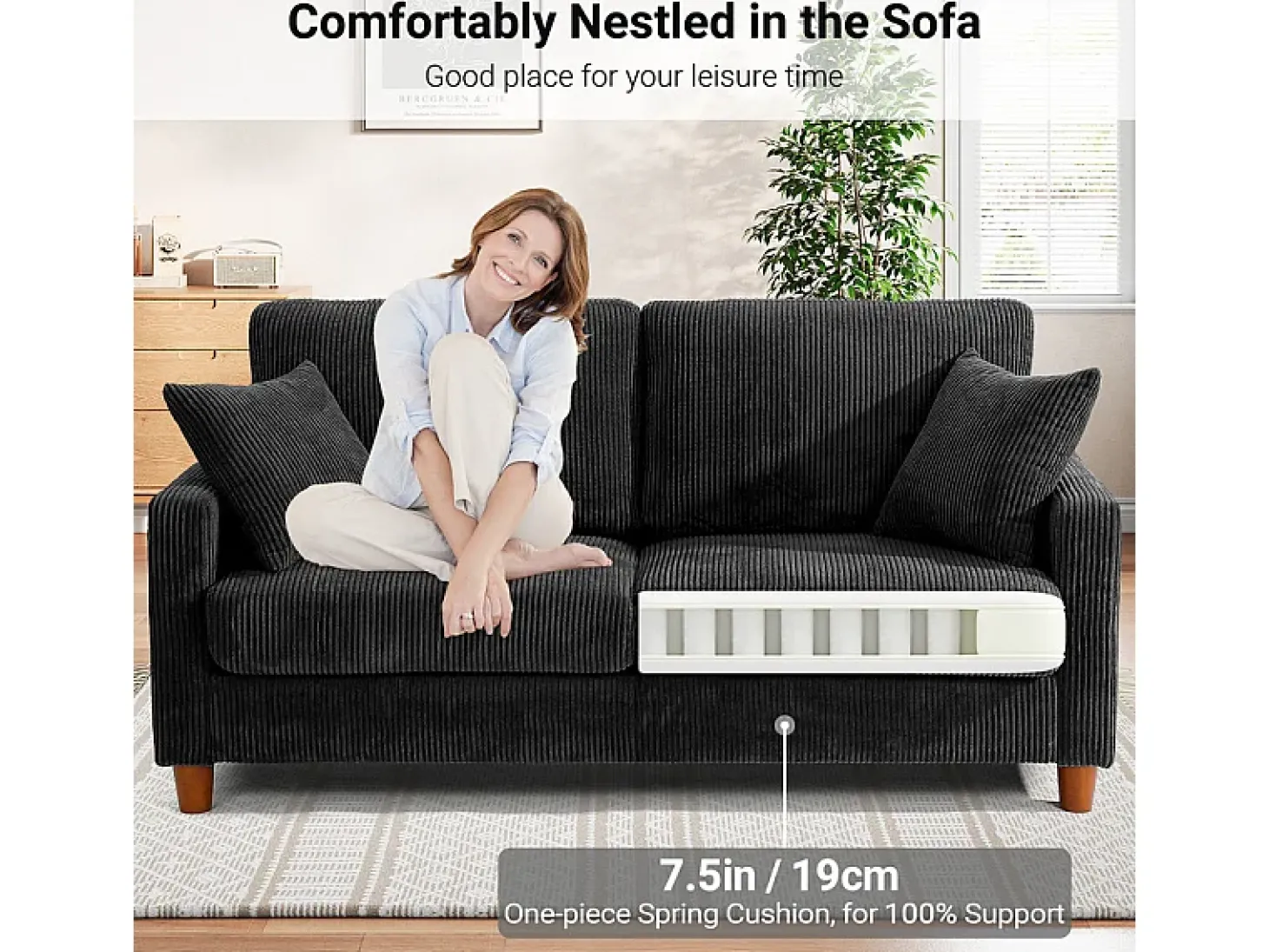 Sofá de Veludo Caneado 2 Lugares, com 2 Almofadas, assentos profundos de 56cm, 178x76x89cm, Preto