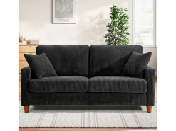 Sofá de Veludo Caneado 2 Lugares, com 2 Almofadas, assentos profundos de 56cm, 178x76x89cm, Preto