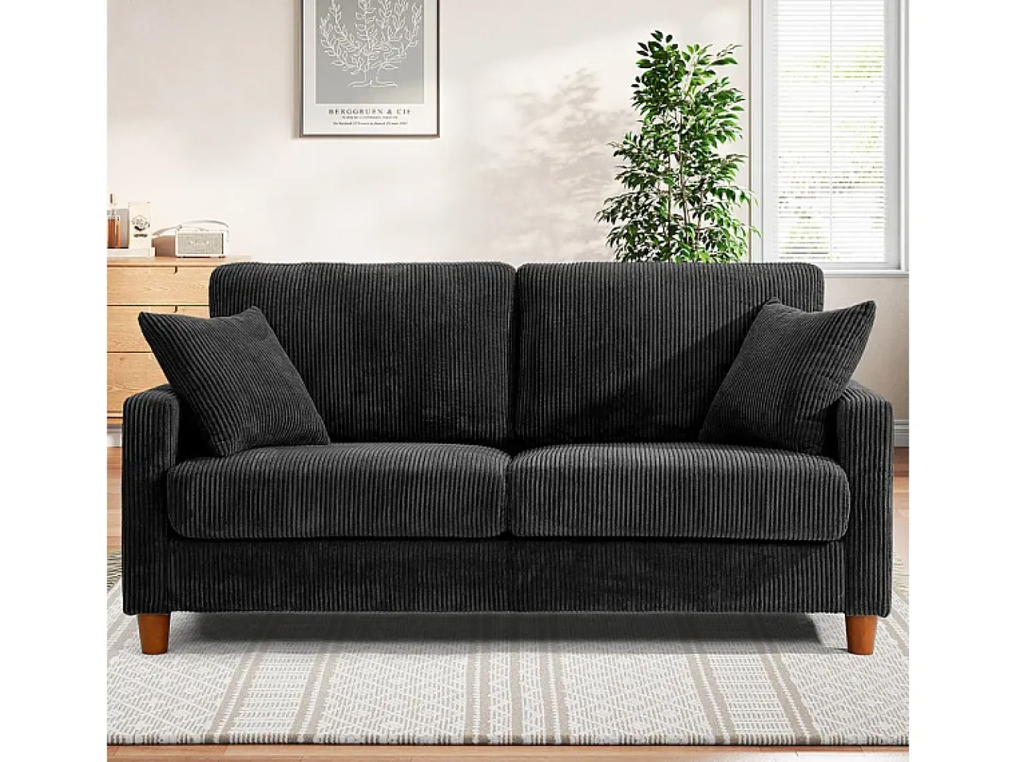 Sofá de Veludo Caneado 2 Lugares, com 2 Almofadas, assentos profundos de 56cm, 178x76x89cm, Preto