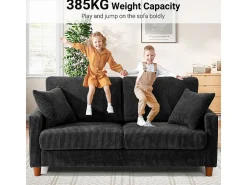 Sofá de Veludo Caneado 2 Lugares, com 2 Almofadas, assentos profundos de 56cm, 178x76x89cm, Preto
