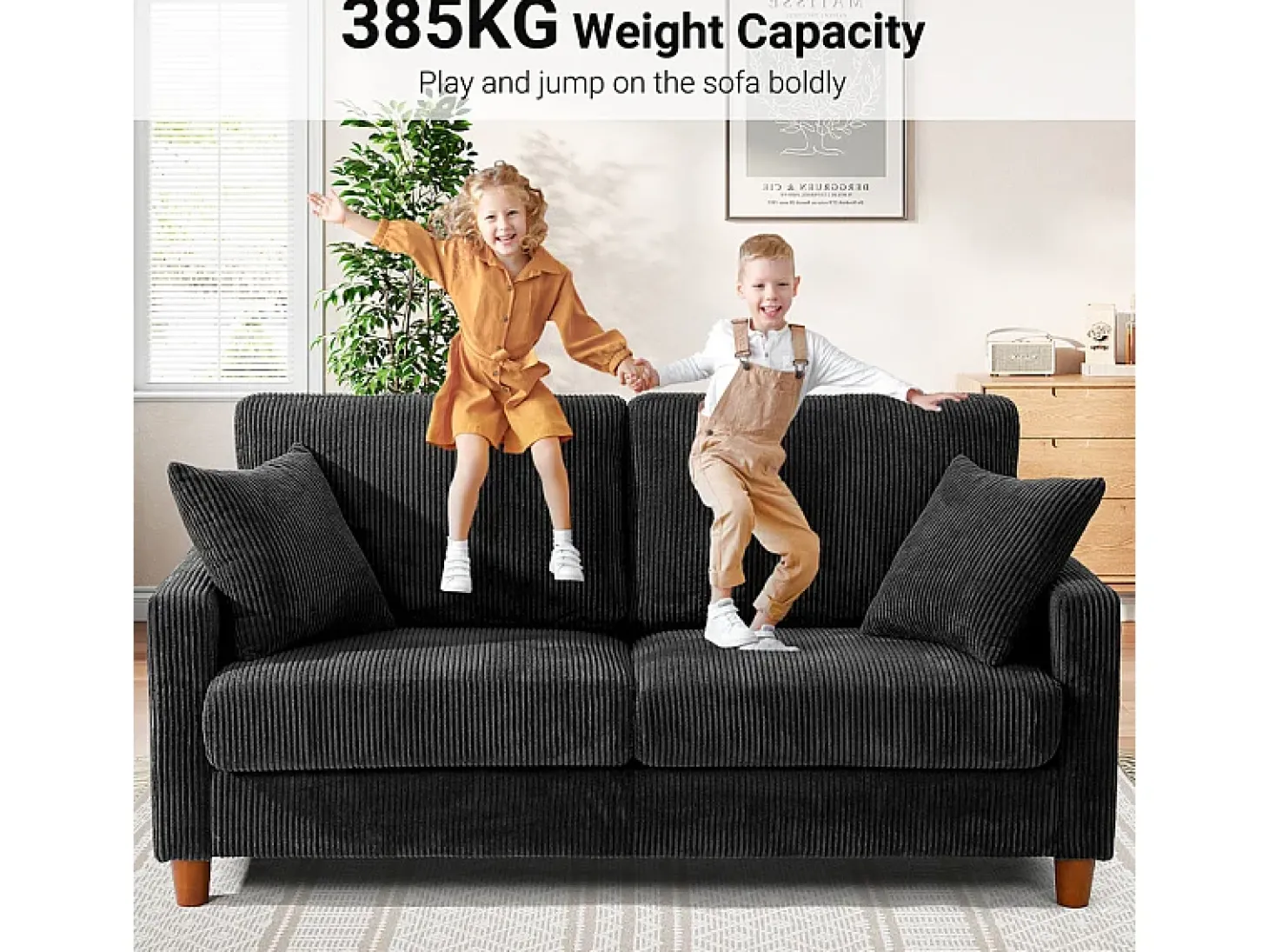 Sofá de Veludo Caneado 2 Lugares, com 2 Almofadas, assentos profundos de 56cm, 178x76x89cm, Preto