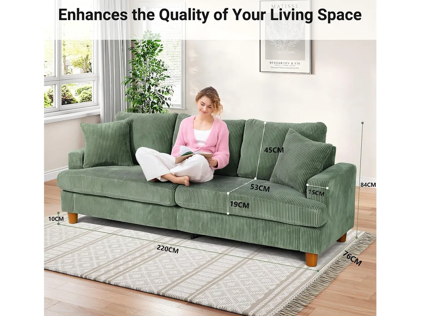 Sofá de veludo com nervuras com telhas de 3, grande sofá reto e acolchoado moderno com assentos extras profundos de 53cm - 2 almofadas - 220x76x84cm - verde