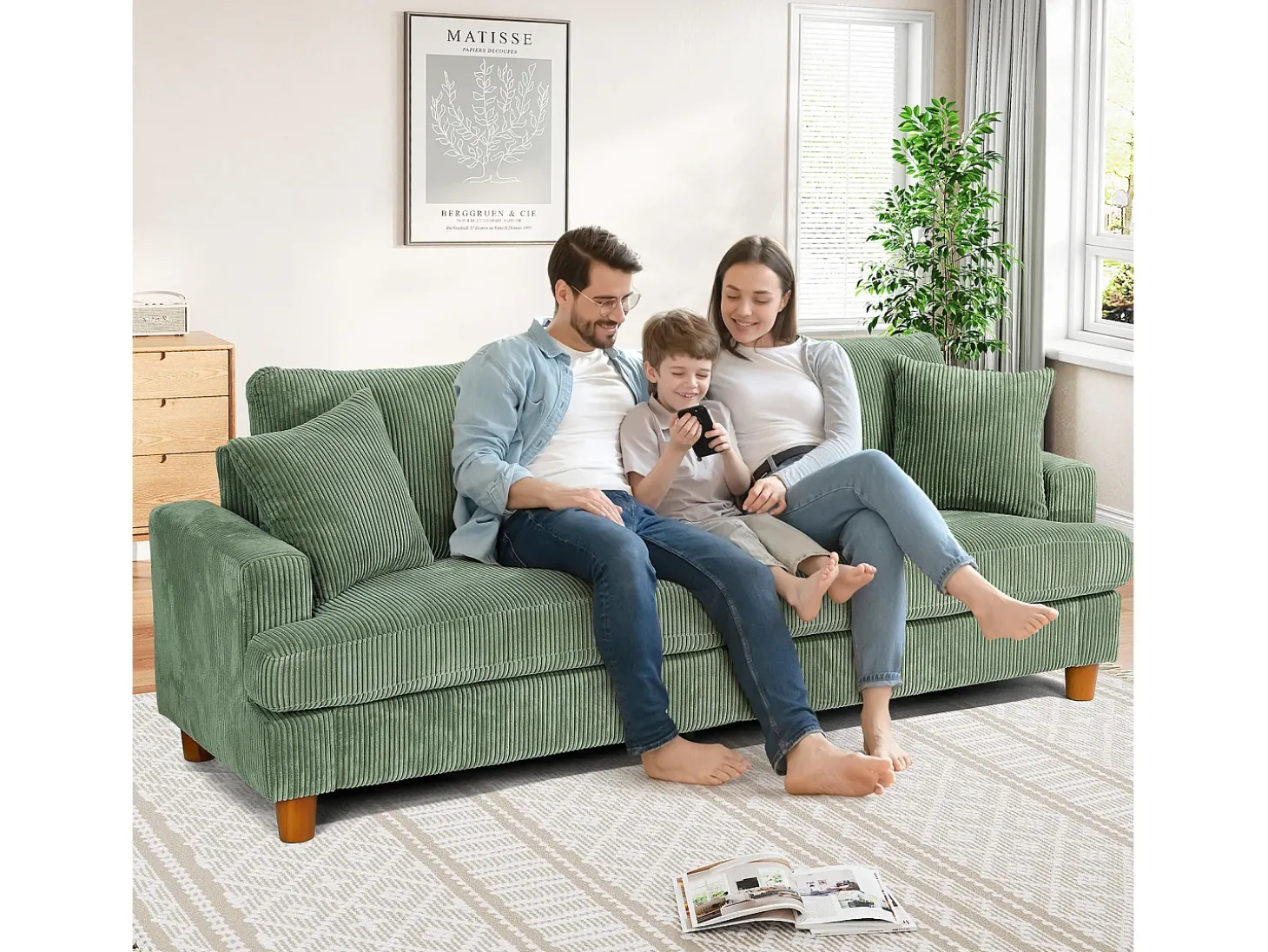 Sofá de veludo com nervuras com telhas de 3, grande sofá reto e acolchoado moderno com assentos extras profundos de 53cm - 2 almofadas - 220x76x84cm - verde