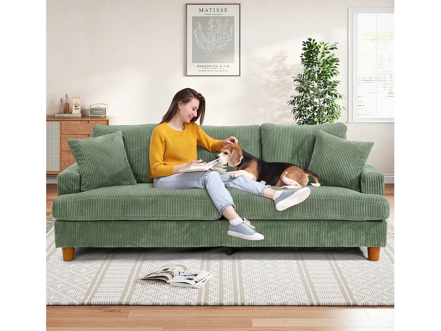 Sofá de veludo com nervuras com telhas de 3, grande sofá reto e acolchoado moderno com assentos extras profundos de 53cm - 2 almofadas - 220x76x84cm - verde