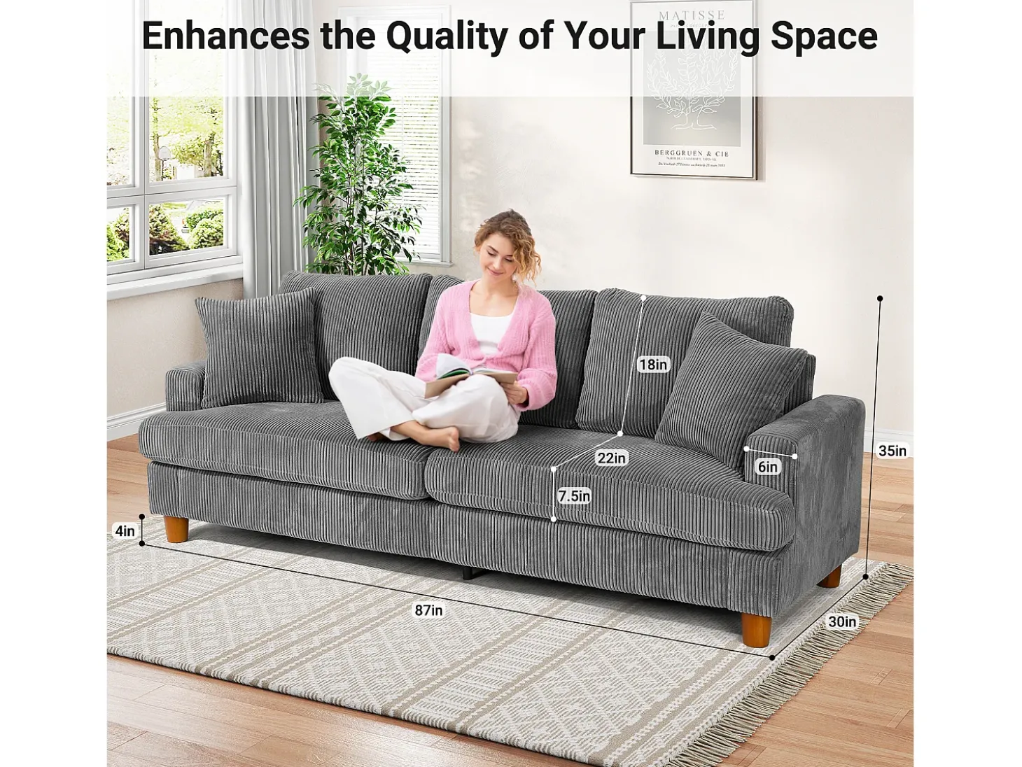 Sofá de veludo com nervuras com telhas de 3, grande sofá reto moderno acolchoado com assentos extras profundos de 53 cm - 2 almofadas - 220x76x84cm - cinza cinza