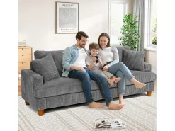 Sofá de veludo com nervuras com telhas de 3, grande sofá reto moderno acolchoado com assentos extras profundos de 53 cm - 2 almofadas - 220x76x84cm - cinza cinza