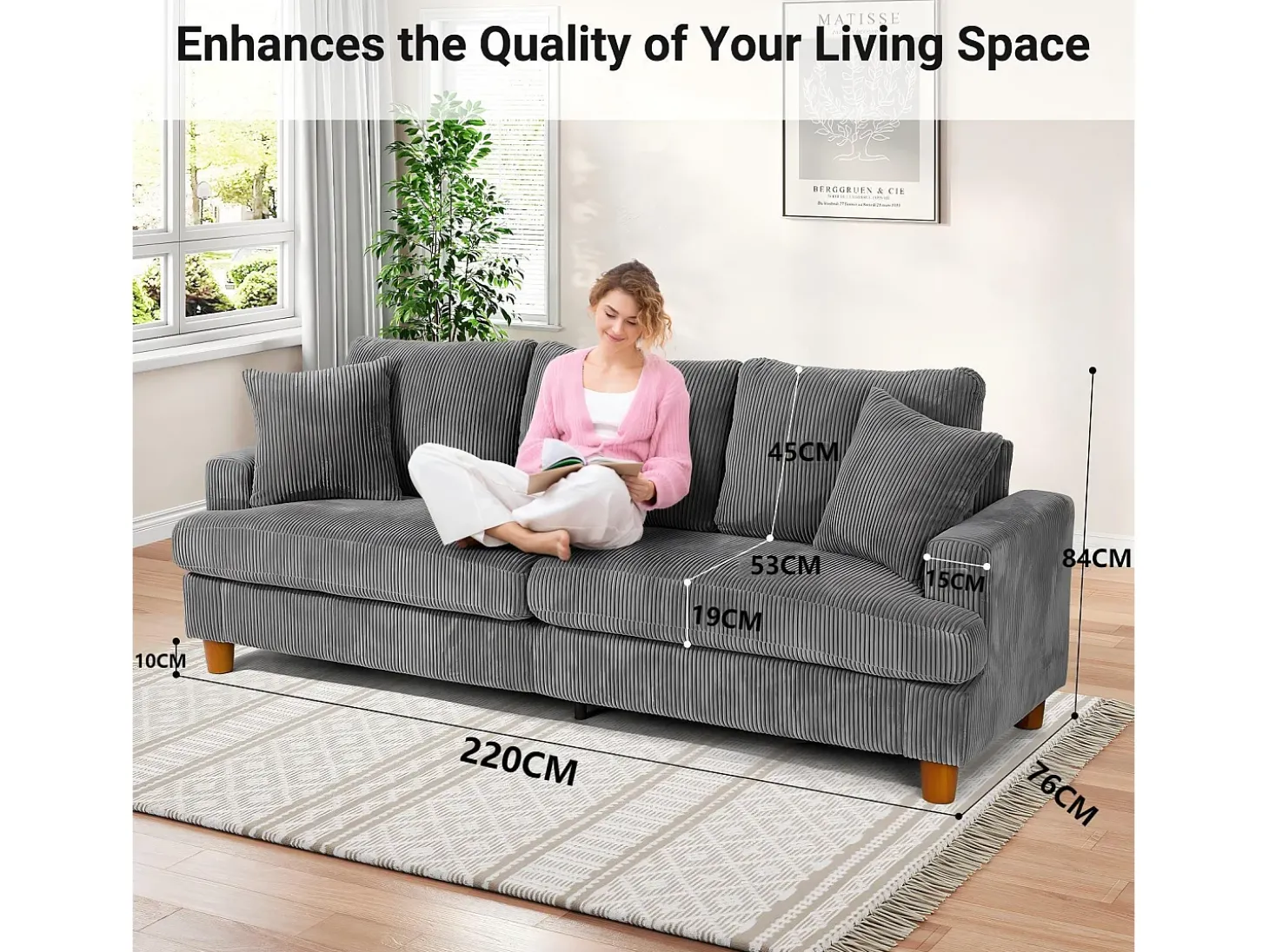 Sofá de veludo com nervuras com telhas de 3, grande sofá reto moderno acolchoado com assentos extras profundos de 53 cm - 2 almofadas - 220x76x84cm - cinza cinza