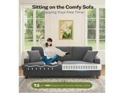 Sofá de veludo com nervuras com telhas de 3, grande sofá reto moderno acolchoado com assentos extras profundos de 53 cm - 2 almofadas - 220x76x84cm - cinza cinza