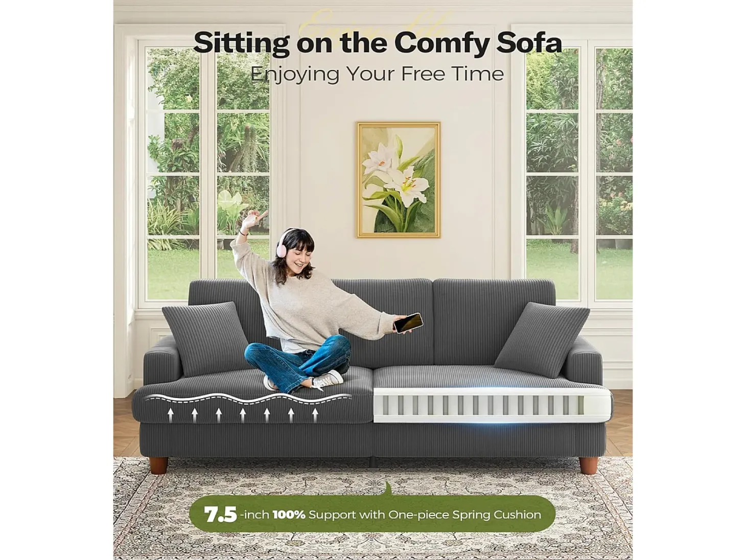 Sofá de veludo com nervuras com telhas de 3, grande sofá reto moderno acolchoado com assentos extras profundos de 53 cm - 2 almofadas - 220x76x84cm - cinza cinza