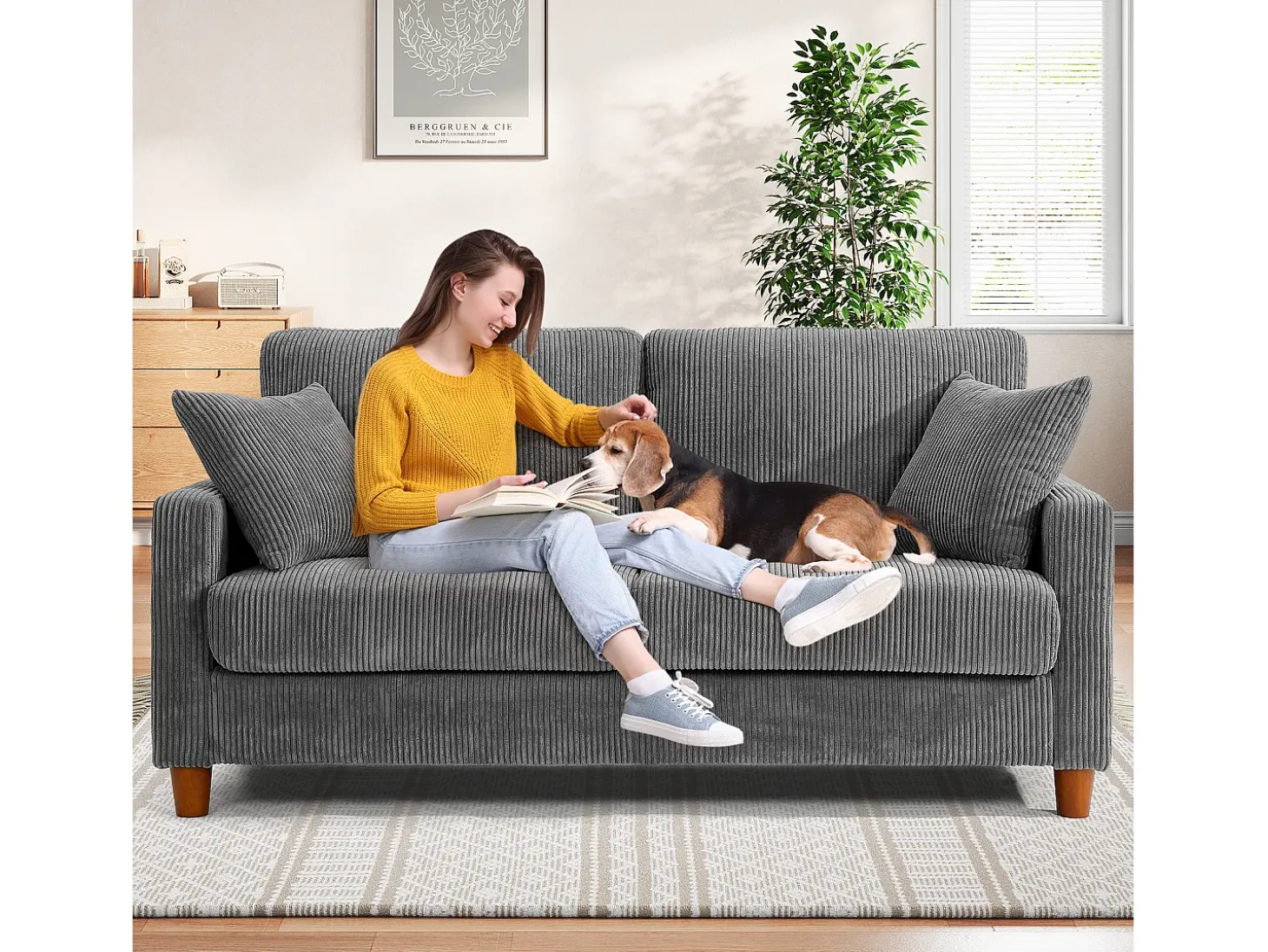 Sofá de veludo cotelê de 2 lugares, Sofá estofado moderno reto grande com assentos extra profundos 56cm - 2 almofadas - 178x76x89cm - Cinzento