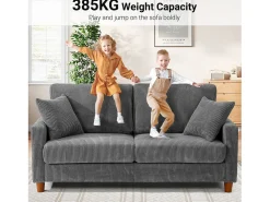 Sofá de veludo cotelê de 2 lugares, Sofá estofado moderno reto grande com assentos extra profundos 56cm - 2 almofadas - 178x76x89cm - Cinzento