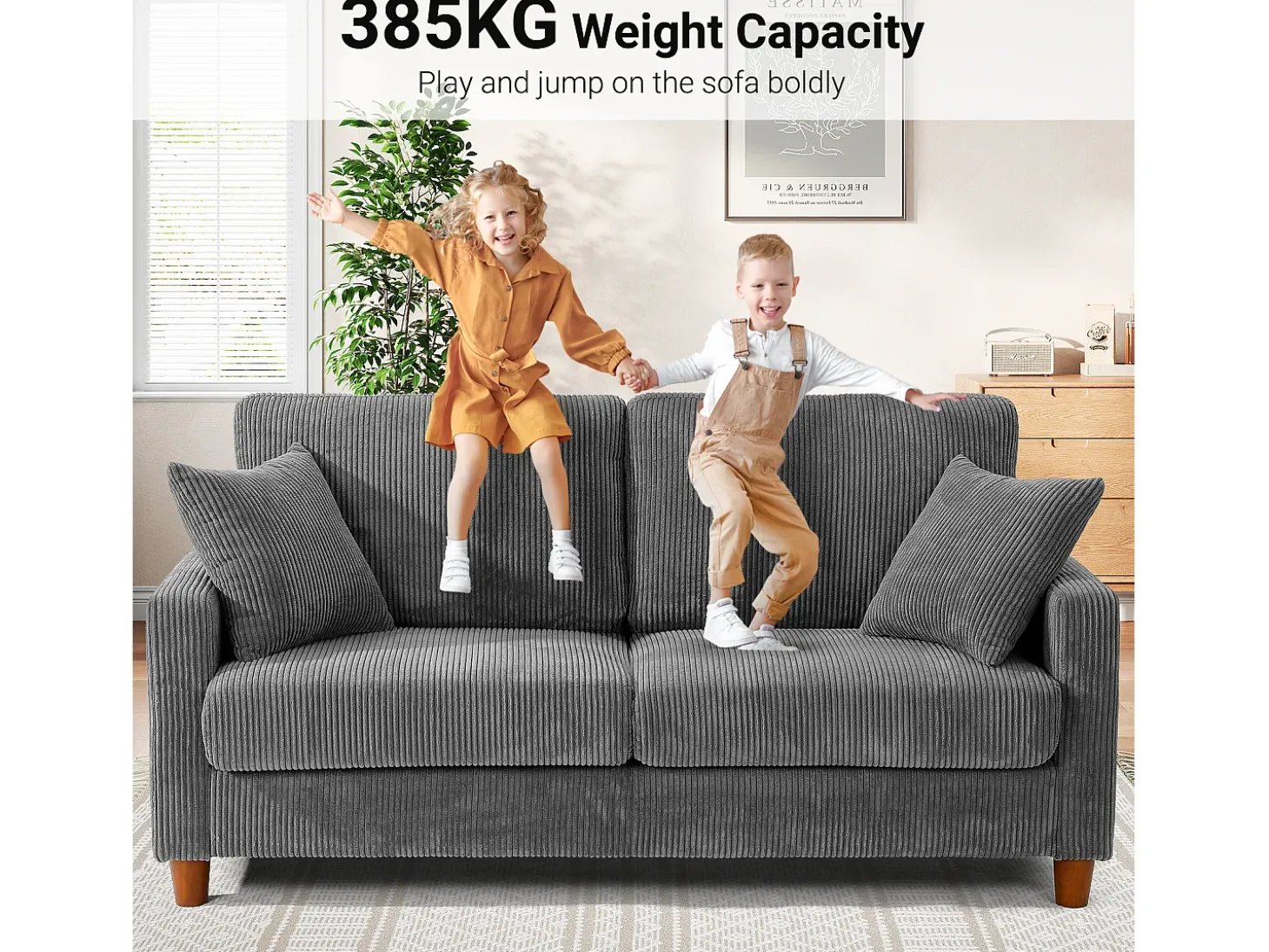 Sofá de veludo cotelê de 2 lugares, Sofá estofado moderno reto grande com assentos extra profundos 56cm - 2 almofadas - 178x76x89cm - Cinzento
