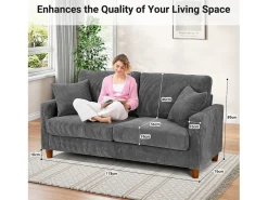 Sofá de veludo cotelê de 2 lugares, Sofá estofado moderno reto grande com assentos extra profundos 56cm - 2 almofadas - 178x76x89cm - Cinzento