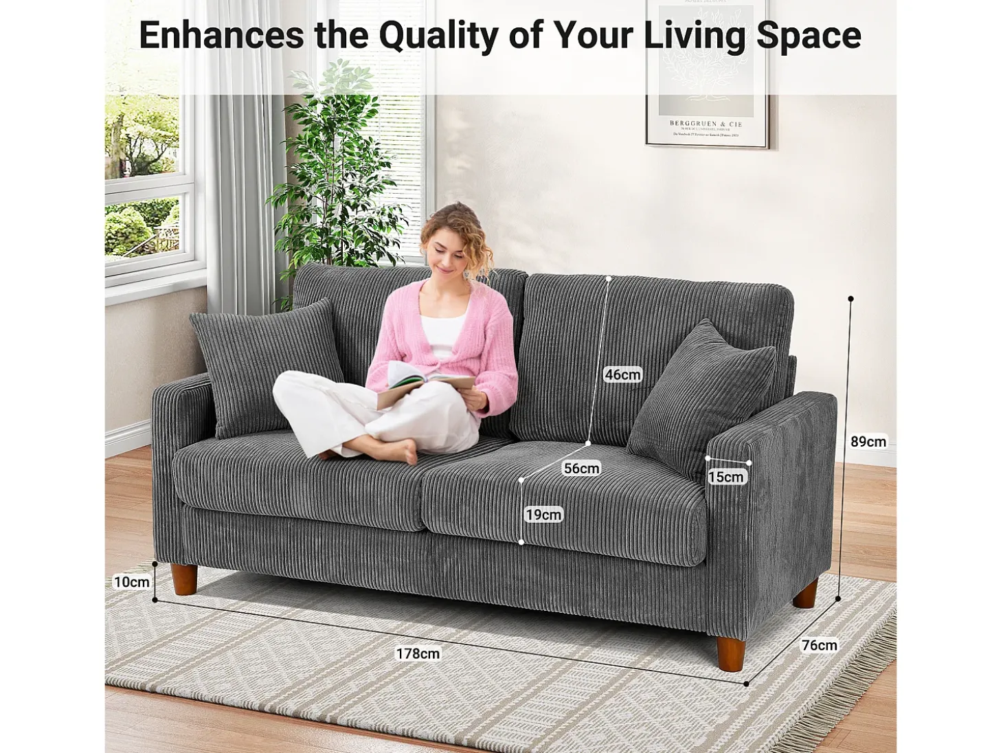 Sofá de veludo cotelê de 2 lugares, Sofá estofado moderno reto grande com assentos extra profundos 56cm - 2 almofadas - 178x76x89cm - Cinzento