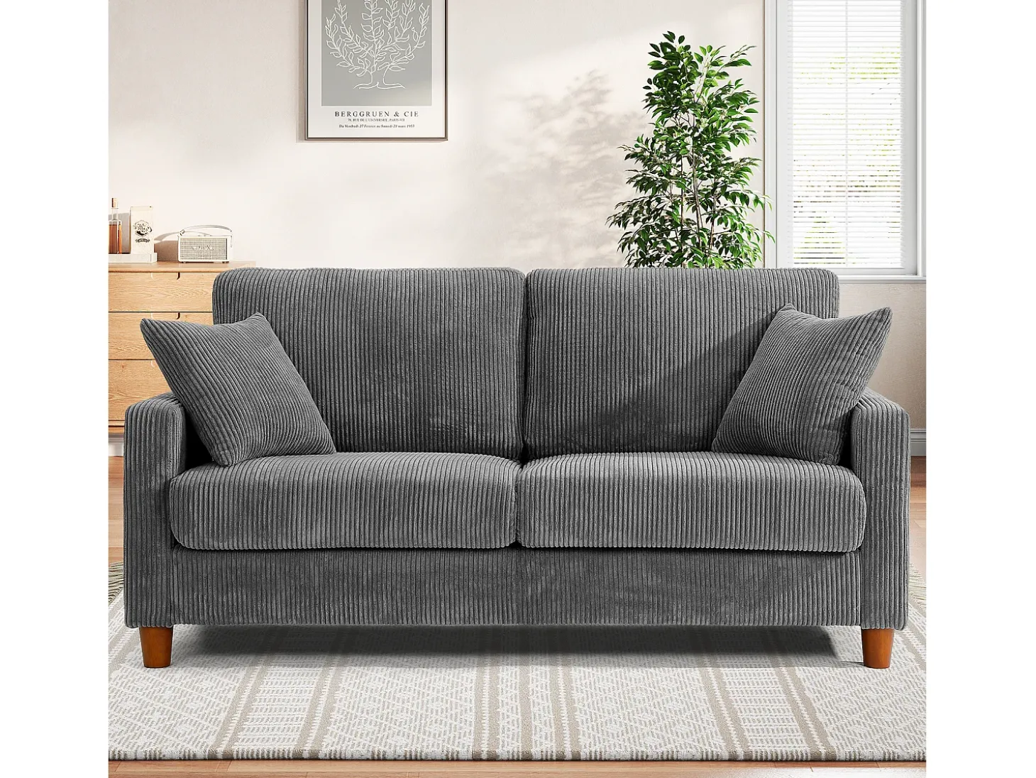 Sofá de veludo cotelê de 2 lugares, Sofá estofado moderno reto grande com assentos extra profundos 56cm - 2 almofadas - 178x76x89cm - Cinzento
