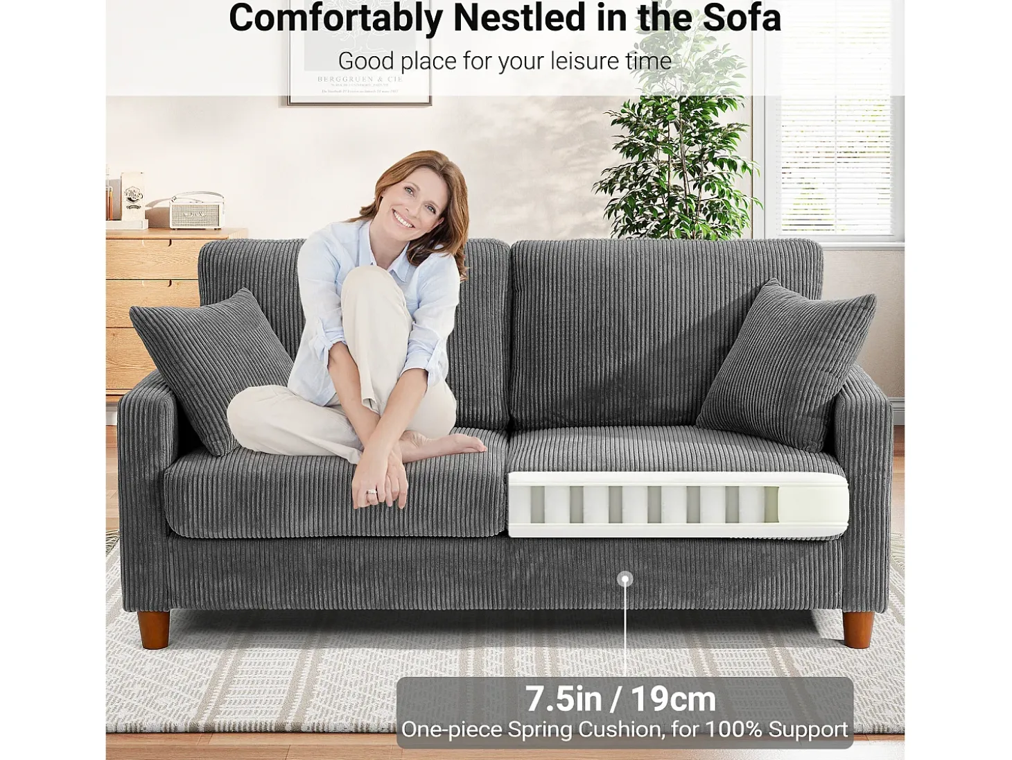 Sofá de veludo cotelê de 2 lugares, Sofá estofado moderno reto grande com assentos extra profundos 56cm - 2 almofadas - 178x76x89cm - Cinzento
