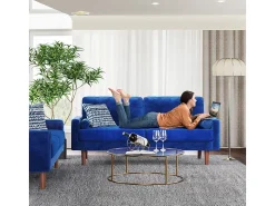 Sofá de veludo direito azul e madeira maciça - 3 lugares - carga máxima 300kg - 176x78x85cm