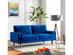 Sofá de veludo direito azul e madeira maciça - 3 lugares - carga máxima 300kg - 176x78x85cm