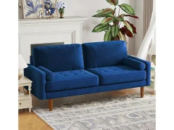 Sofá de veludo direito azul e madeira maciça - 3 lugares - carga máxima 300kg - 176x78x85cm