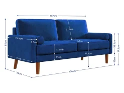 Sofá de veludo direito azul e madeira maciça - 3 lugares - carga máxima 300kg - 176x78x85cm