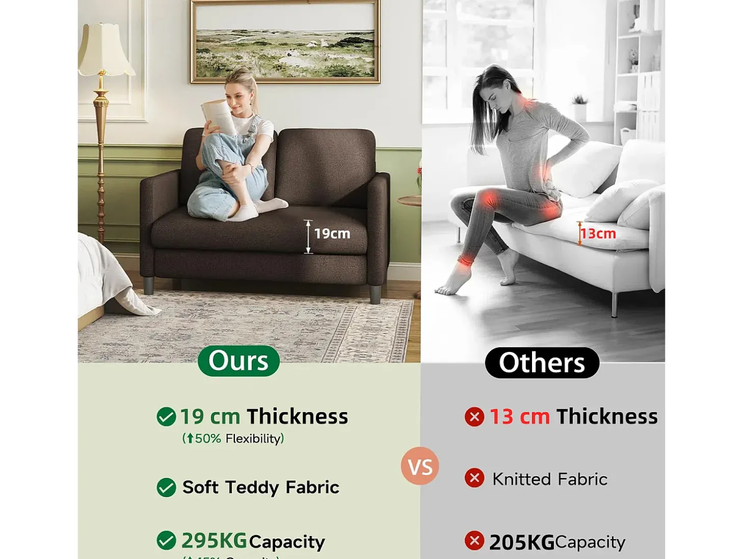 Sofá de veludo marrom e confortável de 2 - Sofá de veludo marrom, com assento profundo de 55cm e apoios de braços - 128x78x89cm
