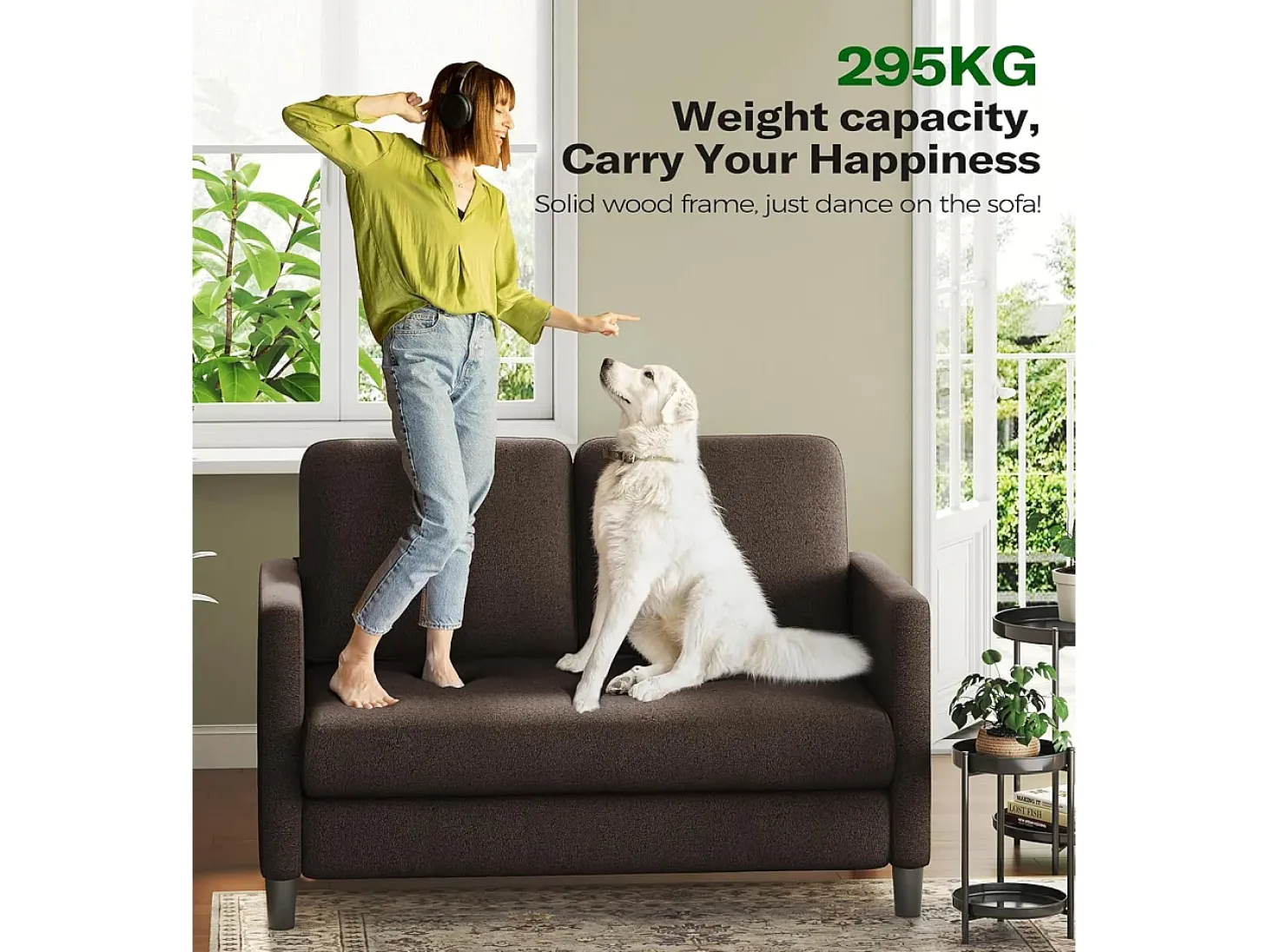 Sofá de veludo marrom e confortável de 2 - Sofá de veludo marrom, com assento profundo de 55cm e apoios de braços - 128x78x89cm