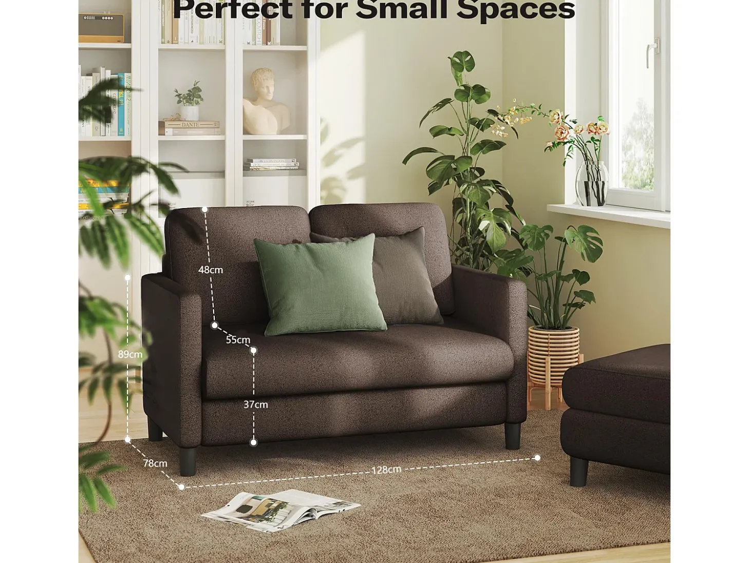 Sofá de veludo marrom e confortável de 2 - Sofá de veludo marrom, com assento profundo de 55cm e apoios de braços - 128x78x89cm