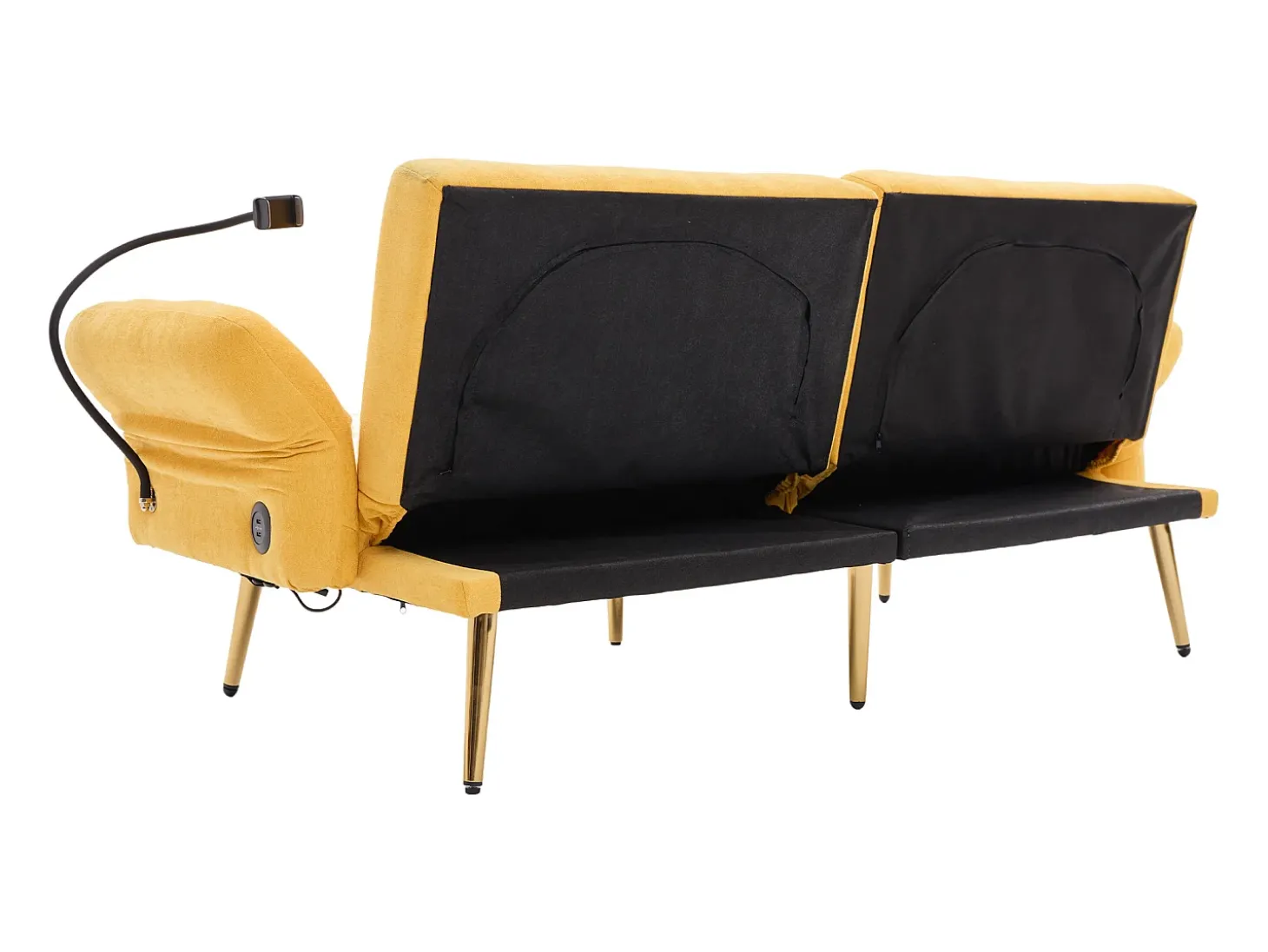 Sofá descapotável amarelo de 2 lugares com 2 portas USB, suporte para telemóvel e bolsos laterais 173x78x78cm