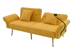 Sofá descapotável amarelo de 2 lugares com 2 portas USB, suporte para telemóvel e bolsos laterais 173x78x78cm