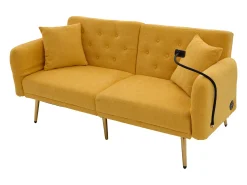 Sofá descapotável amarelo de 2 lugares com 2 portas USB, suporte para telemóvel e bolsos laterais 173x78x78cm